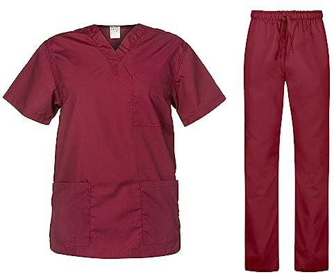 B-well Cesare Uniforme Sanitaria Donna e Uomo Unisex Set con Camice e Pantalone (XXL, Burgundy)