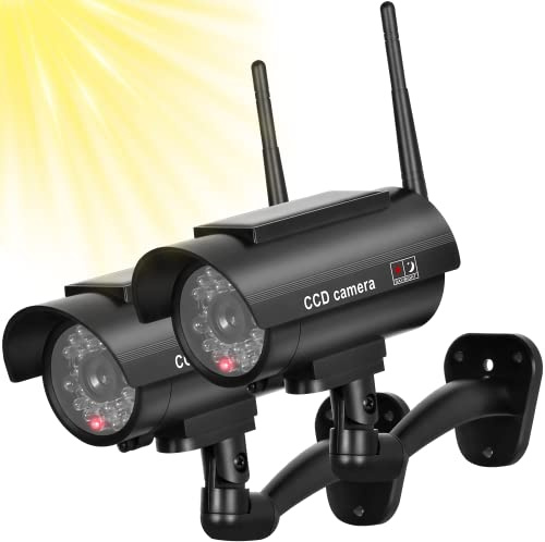 BNT Solar Powered Fake Security Camera, Bullet Dummy Security Camera Simulated Surveillance System with Realistic Red Flashing Light Sensor and Warning Sticker for Indoor/Outdoor(2Pack, Black)