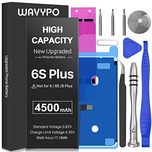 Wavypo Batterie pour iPhone 6S Plus, [4500 mAh] Mise à niveau haute capacité 0 Cycle Batterie de remplacement pour iPhone 6S Plus A1634 A1687 A1699 avec outils de réparation complets (pas pour 6S/6