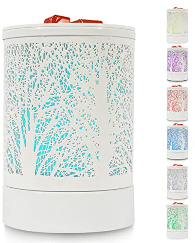 Inrorans Electric Oil Burner lamp White metal wax melt warmer Fragrance Scented Melter with 7 Colors LED Changing Light Replacement Silicone Tray for home office (Tree Pattern)
