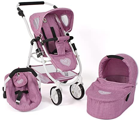 Bayer Chic 2000 - Passeggino per bambole Emotion All In, set passeggino 3 in 1 composto da navicella, seggiolino sportivo e seggiolino auto, jeans rosa
