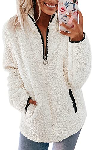 Nilimoph Pullover Damen Fleecepullover Teddyjacke Teddy Flauschiger Teddyfleece Jacke Kuschelpullover Winterjacke Fleecejacke Plüschjacke Kuscheljacke Kapuzenpullover Winter Mit Taschen Top