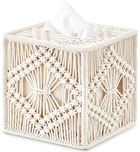 Mkono Gewebe Box Abdeckung Quadrat, Boho Makrame Dekor Open-Bottom Halter | Elfenbein, Gesichtsgewebeorganisator, Dekorative Cube Box, Chic Handgewebt, Schlafzimmer Badezimmer Wohnzimmer Büro