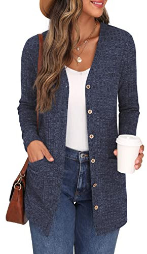 GRECERELLE Gilet Femme Cardigan Long à Col en V Ouvert sur Le Devant Manches Longues Poches pour Un Style Chic Adapté à Toutes Les Saisons (Bleu Marine, L)
