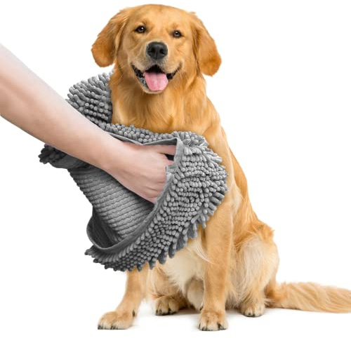 Muddy Mat Doggy Dryer, Highly Absorbent Microfiber Washable Dog Shammy Quick Drying Towel Absorber - Extra Soft Plush Wrap Chenille Bath Towels to Dry Soggy Large Pets & Small Puppy-Grey 13x31