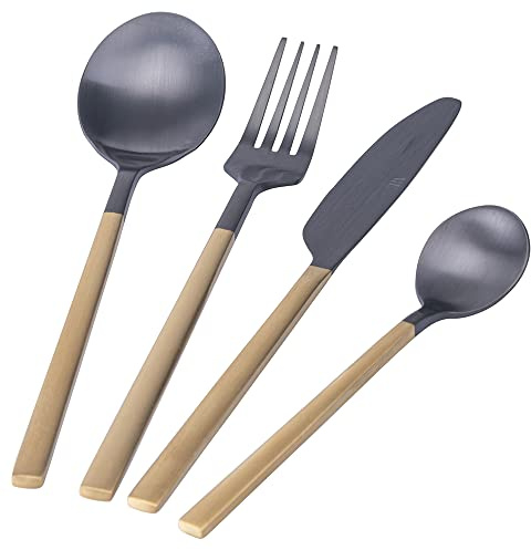 Villa d'Este Home Tivoli 5913421 Set 24 Couverts Or et Noir en Acier Mat, Style, Inoxydable