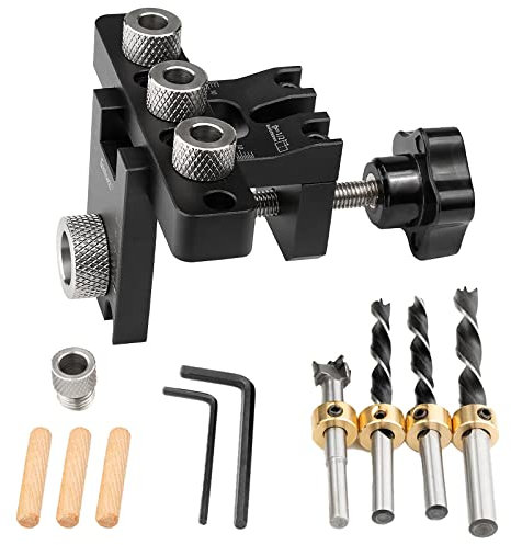 Doweling Jig Kit 3-in-1, Pocket Hole Jig Kit 8/10/15mm Bohrschablone für die Holzbearbeitung Taschenloch, 2023 Neu Jig Kit Werkzeug mit Positionierungsclip Einstellbare Bohrführung Puncher Locator