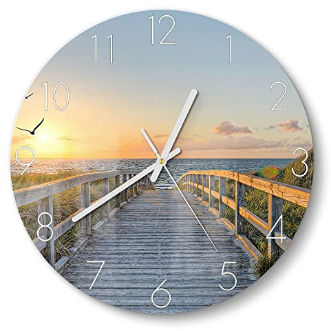 DEQORI Glasuhr | rund Ø 30 cm | Motiv Dünenweg zum Meer | ausgefallene leise Design Uhr aus Glas | Wanduhr für Wohnzimmer & Küche | moderne Hingucker Uhr für die Wand