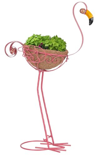 Kikth Lot de 2 Pots de Fleurs de Jardin en Forme de Flamant Rose avec Panier, Pot de Fleurs en métal pour Jardin, Cour, pelouse, Patio, Porche