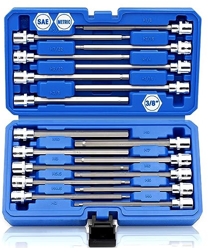 RIZOM 18-teiliges 3/8-Zoll-Antrieb, extra langer Inbus-Sechskant-Bit-Steckschlüsselsatz, SAE & metrisch (1/8-3/8 Zoll, 3-10 mm), CR-V und S2-Stahl