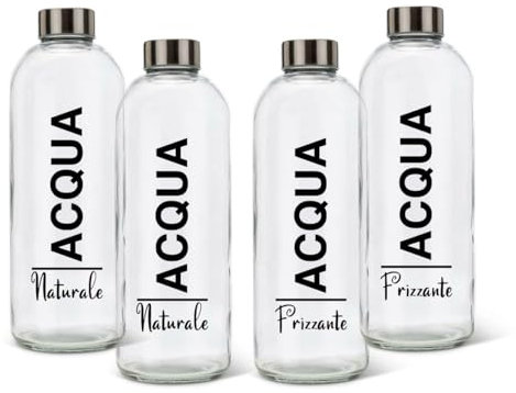 BrandPrint Set di 4 Bottiglie in Vetro Modello EOS da 1 Litro, serigrafate. Con tappo a Vite (2 Naturali e 2 Frizzanti)