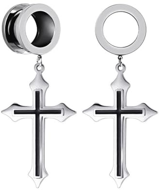 2 PCS Ear Gauges Cross Pendant Gauge Tunnel Piercings For Women & Men- Stainless Steel 316l Pierced Hangers Earrings For Stretched Earlobe