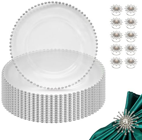 WedDecor 13-inch Silver Beads Clear Glass Charger Plates Set of 12 with Pearl Diamante Napkin Rings – Elegant Napkin Rings and Clear Glass Plates for Wedding, Dinner, Party, and Table Decoration