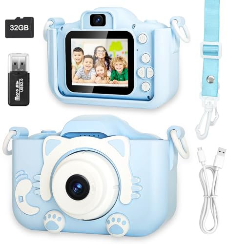 Cámara Fotos Infantil, Juguetes niña y niños 3 a 12 años. Doble Lente, Tarjeta SD 32GB, Funda de Silicona, Pantalla IPS 2.0, Video HD 1080P. Regalo Ideal para Niños en Navidad y Cumpleaños (Blue)
