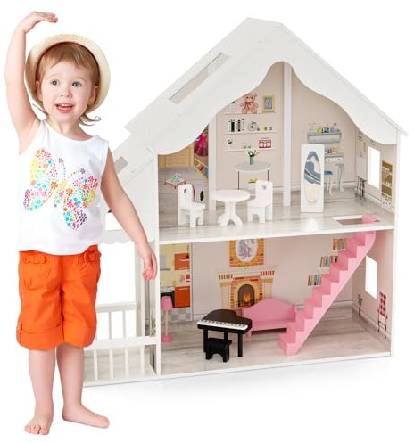 GOPLUS Maison de Poupée en Bois, Maison de Rêve Semi-Ouverte à 2 Étages pour Enfants, Meubles Simulés avec Porche et Lucarnes, Jouet Créatif pour Enfant Fille 3+ Ans, 81x30x86 cm, Blanc