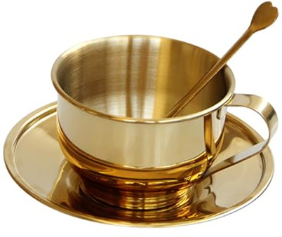 A ANTCAM Juego de 3 tazas de café de acero inoxidable, taza de té vintage europea dorada con cuchara y platillo para café, café con leche, té, leche (dorado)