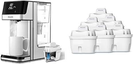 Philips Wasser Station, Spender für gefiltertes heißes Wasser & Wasserfilter-Kartuschen, 6er-Pack, Brita-kompatibel, reduziert MIKROPLASTIK, CHLOR, Kalk, SCHWERMETALLE