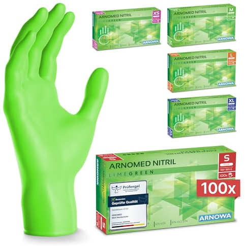 100x ARNOMED® Gants en nitrile taille S Vert, Gants à usage unique pour chirurgie & laboratoire, Gants en nitrile sans poudre et sans latex, Moufles en nitrile en XS, S, M, L, XL, XXL