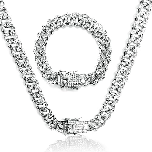 GoPaw Ketten für Herren 12 MM Cuban Link Chain Iced Out Kette Halskette für Männer Gold Silber Miami Cuban Link Choker Halskette Armbandr Unisex Hip Hop Schmuck Geschenk 50/55/60cm (Silber, 60)