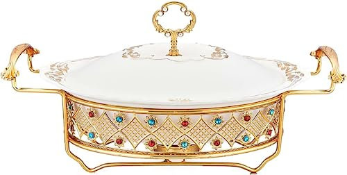 Chafing Dishes aus Keramik, 1 l, 1,5 l, 2 l, ovale Chafers und Buffetwärmer-Sets, Lebensmittelpfanne, Brennstoffhalter mit Strasssteinen und Keramikdeckel für Buffets, Hochzeiten, Partys, Weihnachten,