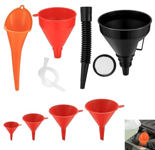 Right Angle Flexible Plastic Funnel Set, 7 PCS Universal Car Gasoline Fuel Petrol, Long Mouth Funnel for Car Motorcycles, Kitchen or Workshop