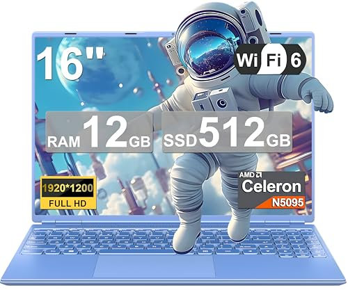 NOTODD PC Portatile Win11 Laptop 12GB 512GB 1TB SSD Espansione, Notebook 16 Pollici Celeron N5095 (fino a 2.9Ghz) 丨Ventola di Raffreddamento丨5G WIFI丨1920 * 1200 2K Schermo Doppio- Blu