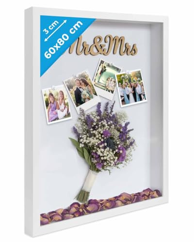 PHOTOLINI 3D Marco de fotos 60x80 cm, blanco, marco con profundidad para objetos de hasta 3 cm, madera MDF y vidrio acrílico - para manualidades y como regalo