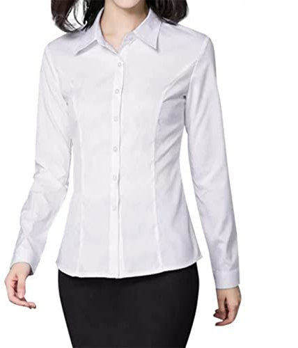 Womens Work Long Sleeve Blouse Shirts Ladies Formal Business Premium Dress Shirt Poplin Button Down Blouse Classic Plain Office Interview Shirts Easy Care Non-Iron Slim Workwear White