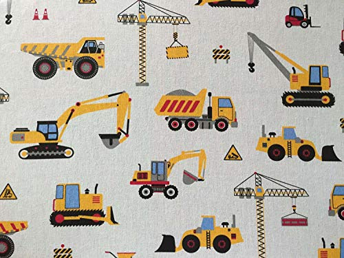 50x160cm Baustelle Baumwollstoff für Kinder - Kinderstoff aus 100% fester Baumwolle mit Fahrzeuge - Stoffe zum Nähen für Kinder & Baby - Jungen Kinderstoffe - LKW Bagger Kran - keine Meterware