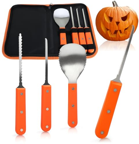 com-four® 4-teiliges Kürbis-Schnitz-Set für Halloween | Schneide-Werkzeuge für Kürbisse - Schnitzwerkzeug aus Edelstahl - Löffel und 3 Sägemesser