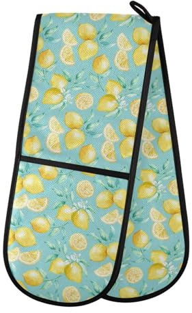 Double Oven Gloves Heat Resistant Watercolor Yellow Lemon Double Oven Mitts Pot Holder Heat Protection Oven Gloves for Home Kitchen Baking Cooking BBQ Microwave