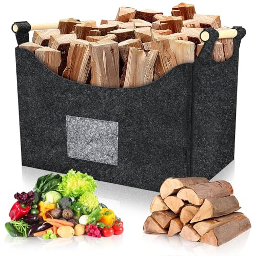 Kaminholzkorb, Groß Aufbewahrungskorb Brennholzkorb, Holzkorb für Kaminholz mit Verstärktem Holzgriff Dicke Feuerholzkorb Filztasche Faltbar Holzkorb Brennholzkorb für Holz Gemüse Zeitungen