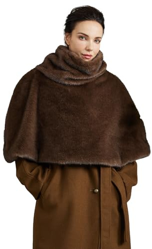 BEAUTELICATE Poncho Cape en Fausse Fourrure Manteau Col Roulé Chaud Boléro Châle Étole Luxe sans Manches pour Soriée Mariage De Hiver Deguisement De Médiévale Noël Uni Brun, M