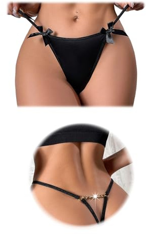 FULLJOYLOVE Sexy G-String Thongs Culottes pour Femmes T-Back Chaîne String V-Waist Slips Bow Low Rise Underwear Noir L