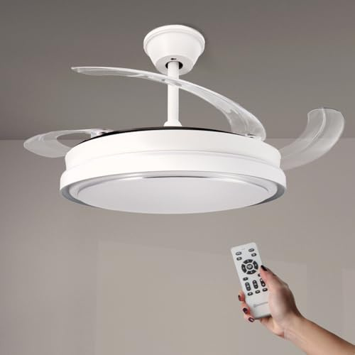 M mimotec Ventilador de Techo White Hood 70W con Luz LED Regulable CCT, Motor DC 30W Bajo Consumo + LED 40W, 6 Velocidades, Silencioso, 4 Aspas Desplegables, Verano/Invierno, Temporizador, Mando