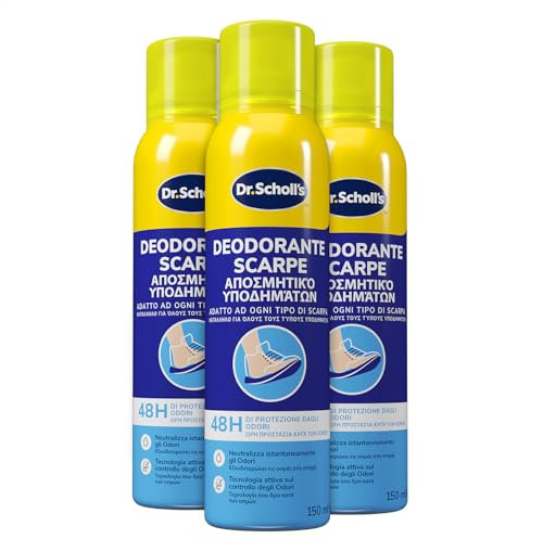 Dr. Scholl's, Deodorante Spray per Scarpe con Tecnologia Attiva sul Controllo degli Odori, Elimina e Protegge dai Cattivi Odori per 48h, Adatto ad Ogni Tipo di Scarpa, 3 Flaconi da 150 ml