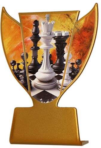 eberin Edle Metallfigur mit Schachbrett & Spielfiguren – Perfekte Deko & Geschenkidee für Schachliebhaber & Strategen 2D-Optik in Gold & Orange 10 cm hoch