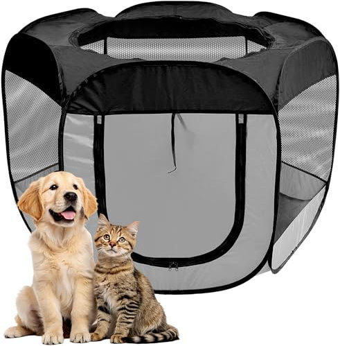 Welpenauslauf faltbar aus Nylon & atmungsaktivem Netzstoff, Ø 100cm, Höhe 75 cm, Laufstall für innen & außen mit 2 Eingängen, Pop-up-System, inkl. Tragetasche & Heringe, schwarz/grau