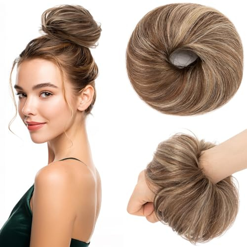 Benehair Echthaar Scrunchies Hochsteckfrisur, Echthaar Haargummi Hochsteckfrisuren, 25g Echte Haare Gerade Dutt, Haarverlängerung Haardutt Rose Dutt für Frauen, Schokoladenbraun mix Hellgold