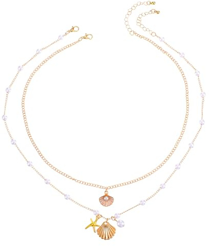 HekouJiub 2 Stück Stapelbar Perlenkette Muschelkette Damen Gold Trachtenkette Damen Sommer Halskette mit Muschel Anhänger Halsketten Schmuck Aesthetic für Frauen Sommer Strand Urlaub Surfer Party
