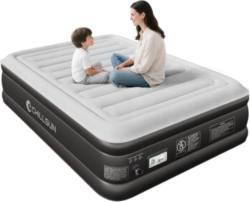 CHILLSUN Materasso gonfiabile doppio, letto ad aria con pompa elettrica integrata, autogonfiaggio veloce in 3 minuti, superficie floccata per la casa, letto matrimoniale con borsa per il trasporto