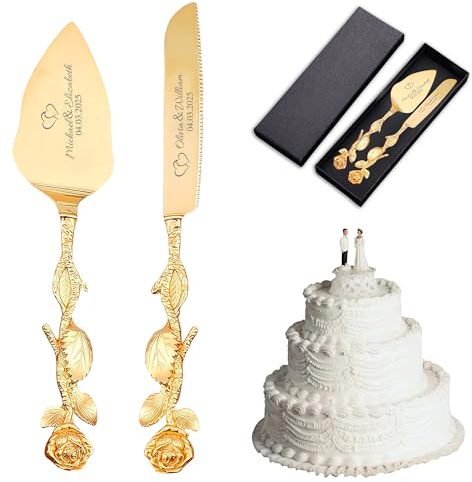 JLSKCN Tortenheber Set mit Tortenmesser und persönlicher Gravur, Hochzeitsgeschenke für Brautpaar, Persönlich gravierte Tortenbestecke für Hochzeit, Jahrestag, Geburtstag - Geschenkbox inklusive