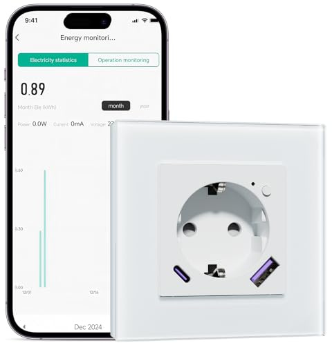 BSEEDLIFE Prise Wi-Fi encastrée Prise murale avec surveillance intelligente de l'énergie, prise en verre avec USB-A$USB-C, commande APP Fonctionne avec Alexa/Google Home, plannings, minuterie... Blanc