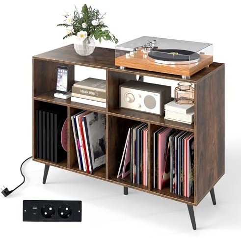 KOMFOTTEU Mueble para Tocadiscos de 3 Niveles, Soporte de Discos de Vinilo con 4 Compartimentos y 2 Estantes Abiertos, Mesa para Tocadiscos con 5 Patas de Metal (Marrón, con Estación de Carga)