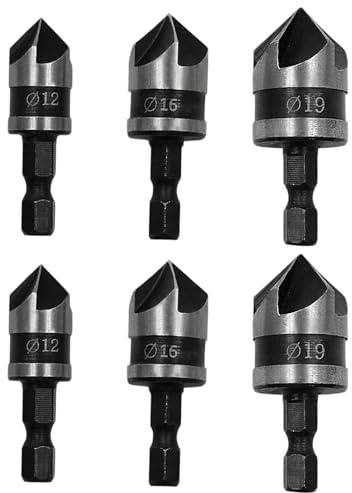 6Pcs 1/4 Inch Hex Shank, Countersink Drill Bit Set, 5 Flute 90 Degree Chamfering Counter Sinker Wood Drill Bits Set for Metalworking Woodworking Quick Change Bit (12mm 16mm 19mm) Grey