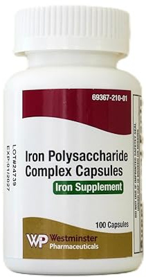 Westminster Pharmaceuticals Iron Polysaccharide Complex Capsules, 150mg Elemental Iron Supplement, 100 Count, Daily Dietary Support, Chelated and Easy On Stomach, Helps for Iron Deficiency Anemia,