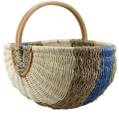 Grande Cesto per la Spesa in Rattan e Alghe, Blu, 39x26x20 cm | Cesto da Picnic, Intrecciato a Mano, Con Manico, Robusto Cesto da Mercato e Auto, Design Vintage
