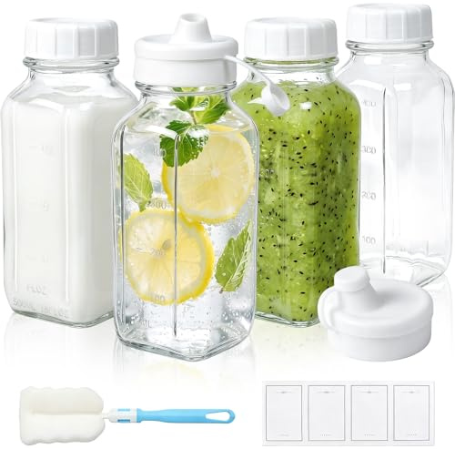500ml Glass Milk Storage Bottle with Airtight Screw Lids & Pour Spout | Reusable Square Drinking Jars with Capacity Mark for Juice, Breast Milk Storage, Leak Proof, BPA Free
