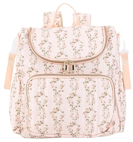DASICHE Wickelrucksack Damen, Toile de Jouy Wickeltasche Rucksack, Perfekt für Baby Erstausstattung Neugeborene, Große Windeltasche mit Kinderwagenbefestigung für Mütter (beige rosa blumenmuster)