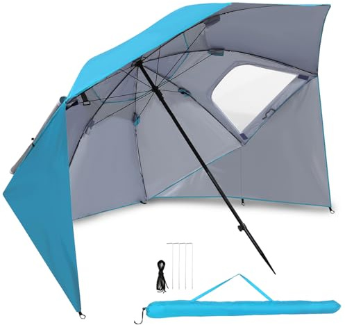 Jayseuw Ombrellone da spiaggia 2 in 1, UV50+, per 2-4 persone, pieghevole, con finestra, picchetti e borsa per il trasporto, protezione dal vento per spiaggia, giardino, campeggio, Azzurro